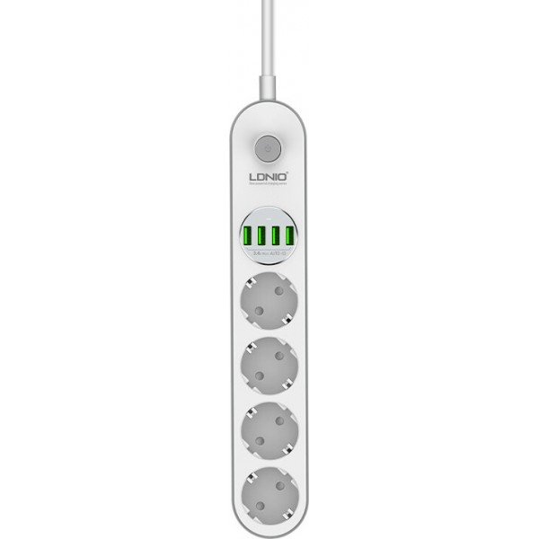 Ldnio Πολύπριζο Ασφαλείας 4 Θέσεων με Διακόπτη, 4 USB και Καλώδιο 2m Λευκό SE4432