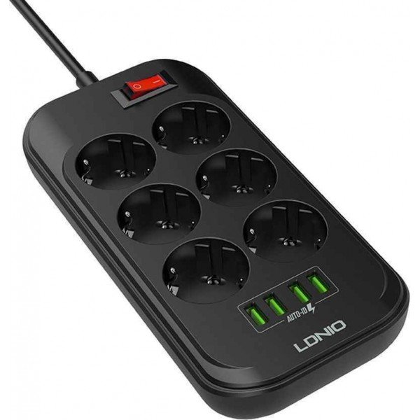 Ldnio Πολύπριζο Ασφαλείας 6 Θέσεων με Διακόπτη, 4 USB και Καλώδιο 2m Μαύρο SE6403